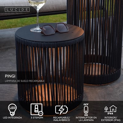 Lucide PINGI - Lámpara de suelo Recargable Dentro/Fuera - Batería/acumulador - Ø 33,5 cm - LED 3 StepDim - 1x3W 3000K - IP44 - Negro